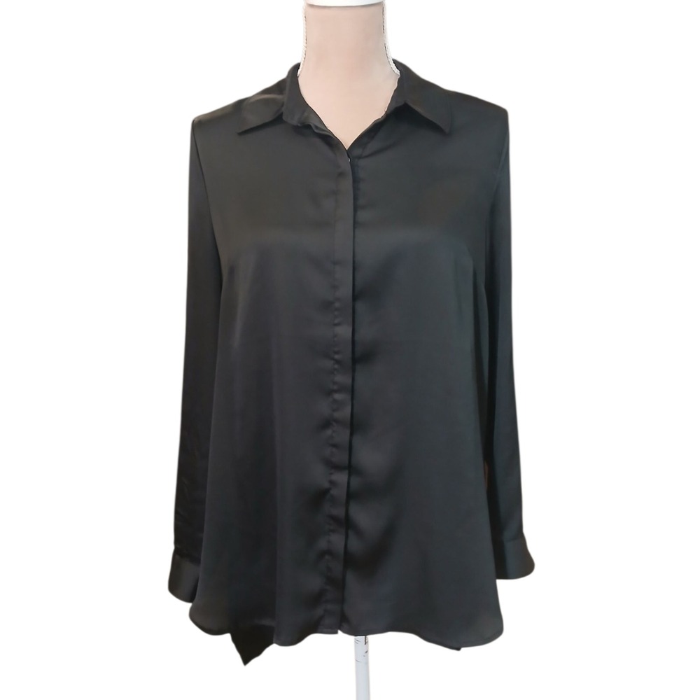 Susan Graver Black Satin Button Down Shirt Long Sleeve Classic Tunic Collar